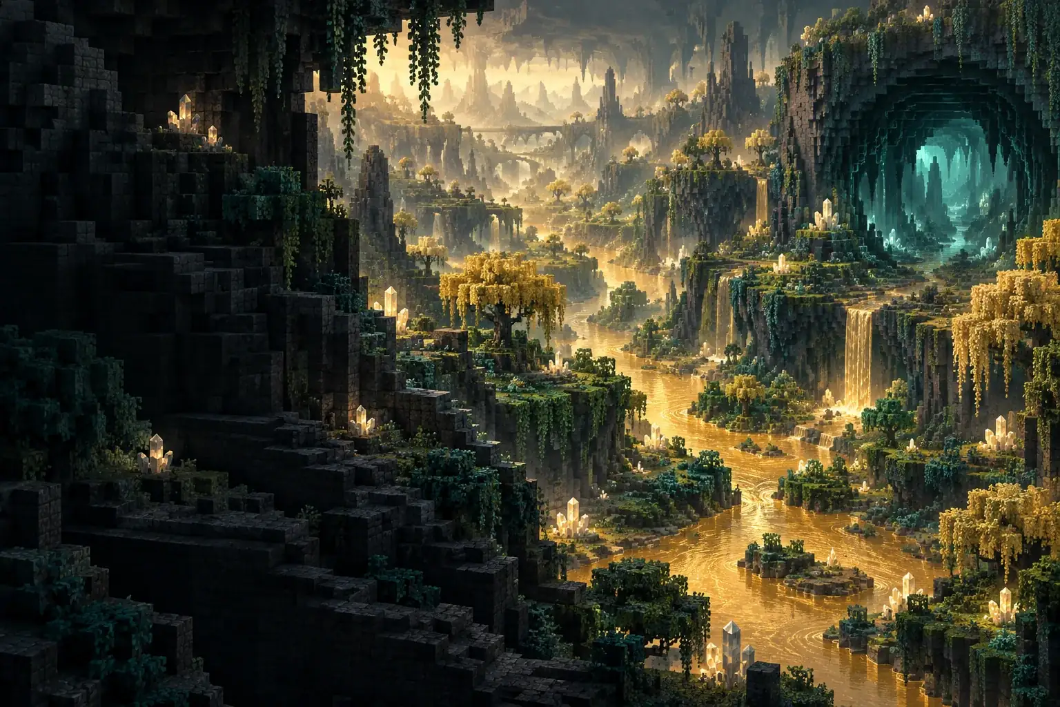 Original concept illustration of a golden river winding through a teal voxel cavern